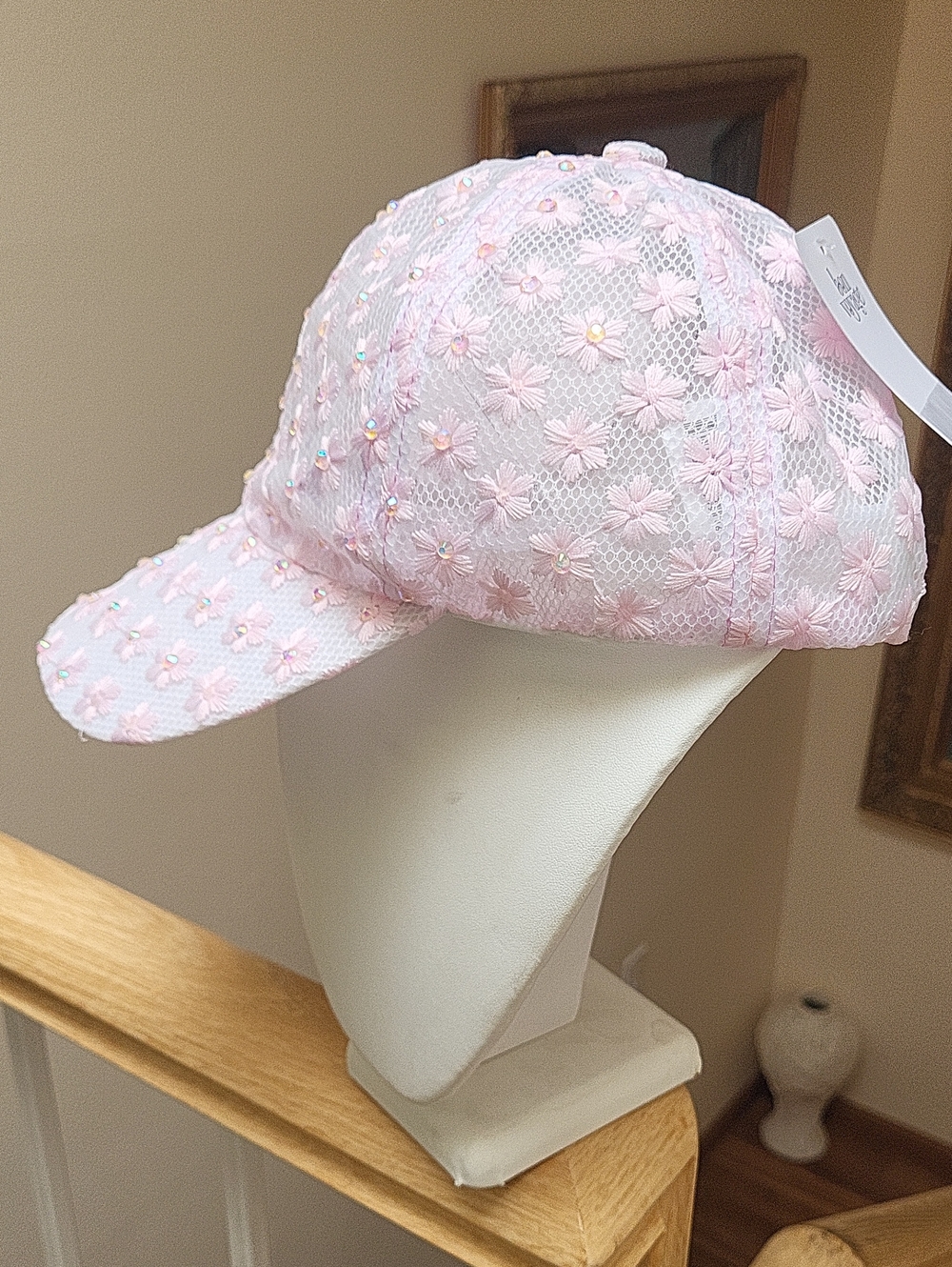 Delicate Pink Floral Lace Baseball Cap with Sequins
